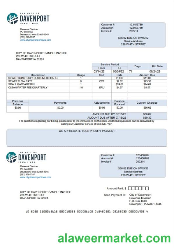 USA Iowa City of Davenport utility bill template in Word and PDF format